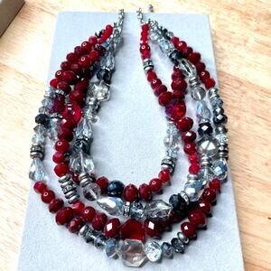 WHBM Deep Red Silver Clear Tone Layered Beaded Statement Necklace